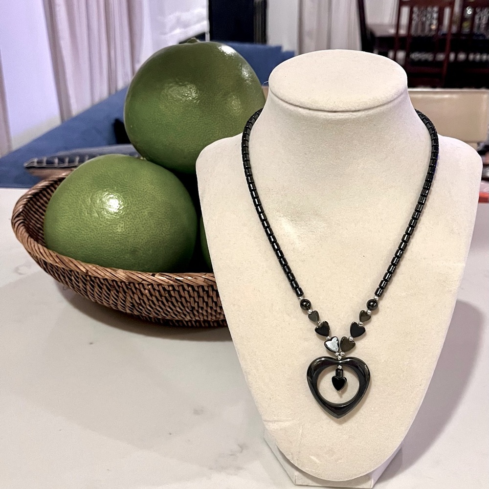 Vintage Hematite Heart Pendant Necklace, Barrel Clasp
